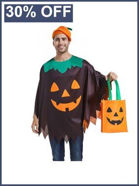 Pumpkin Halloween Costume 3-Piece Set Poncho Beret Candy Bag Adult Cosplay